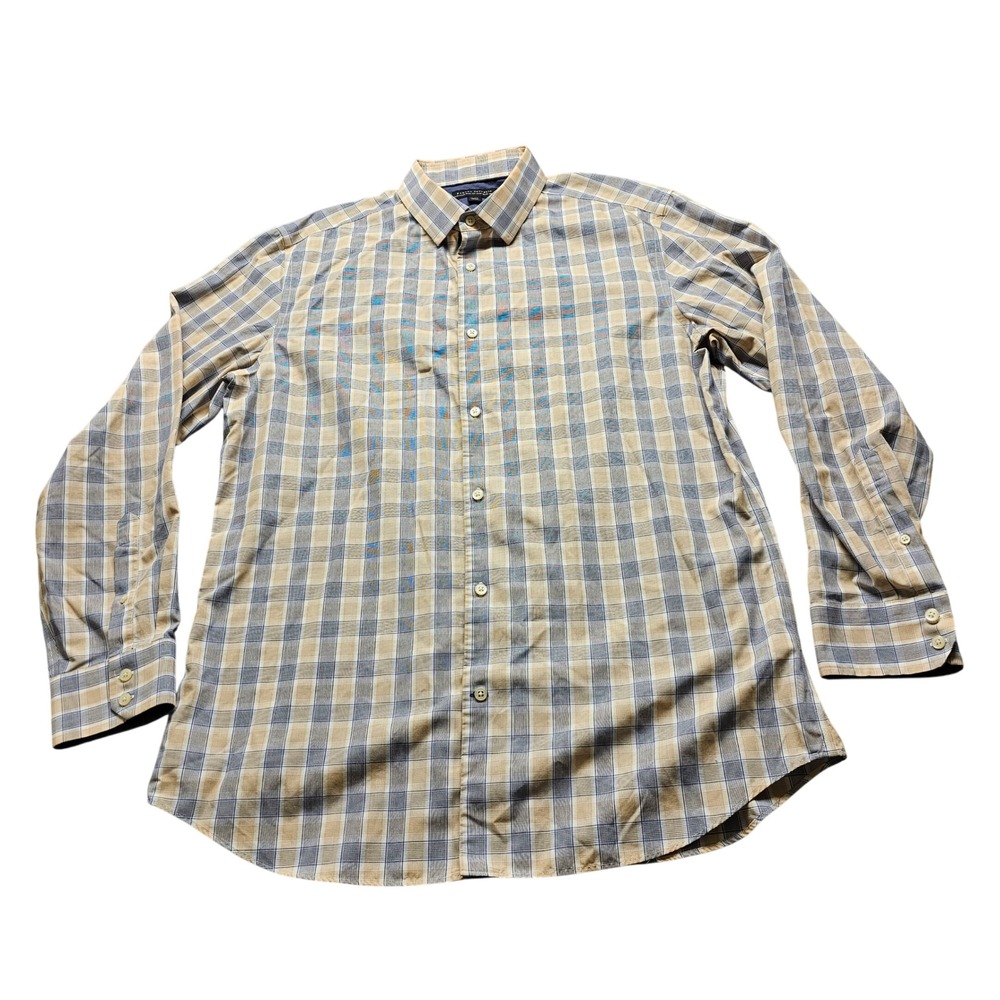 Banana Republic Tailored Slim Fit Non-Iron Shirt XL Tan Blue Plaid Button Down